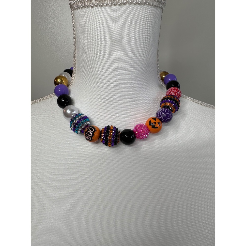Halloween Bubblegum Bead Necklace Chunky Jack O Lantern Boo Spooky Jewelry 17.5"